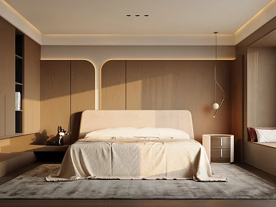 Modern Elegant Bedroom Interior With Upholstered Headboard Area Rug And Nightstand 3d model
