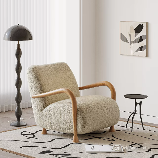 Plush Single Sofa with Wooden Armrests Black Floor Lamp and Side Table 3d model 