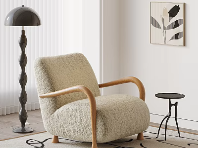 Plush Single Sofa with Wooden Armrests Black Floor Lamp and Side Table 3d model