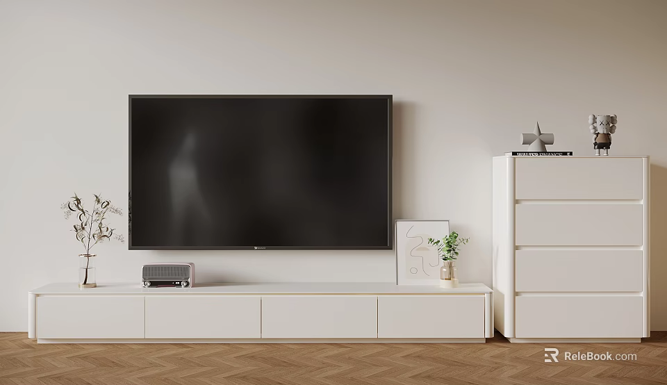 Minimalist White TV Stand Featuring Large Screen TV Decorative Plant And White Chest Of Drawers 3d model 