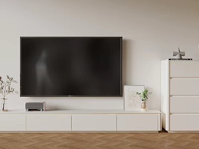 Minimalist White TV Stand Featuring Large Screen TV Decorative Plant And White Chest Of Drawers 3d model