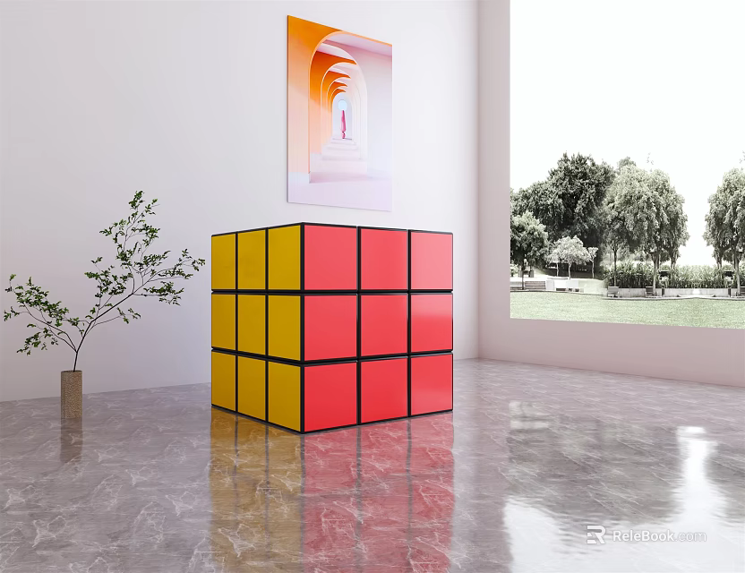 Colorful Rubik's Cube In Modern Room With Potted Plant Abstract Painting And Trees Outside Window 3d model 