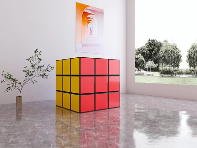 Colorful Rubik's Cube In Modern Room With Potted Plant Abstract Painting And Trees Outside Window 3d model