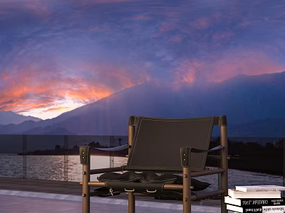 Outdoor Leisure Chair with Metal Frame and Canvas Seat Enjoying Sunset Over Mountain and Lake View 3d model
