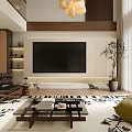 Duplex Living Room Interior With White Sofa Green Armchair Patterned Rug Pendant Lights Wooden Beam And Wall Art