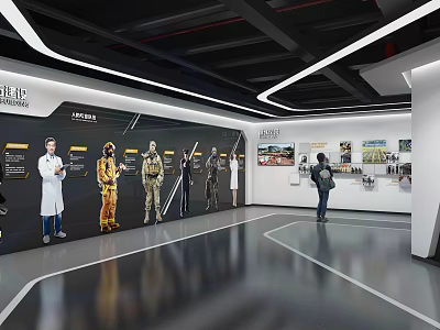 Modern Exhibition Hall Interior With Professional Character Displays And Visitor Viewing Wall Exhibits 3d model