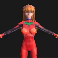 Futuristic Humanoid Character In Red Bodysuit With Orange Long Hair Green Details And Outstretched Arms