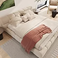 Modern Upholstered Double Bed With Pink Blanket Plush Pillows Bedside Tables And Wall Art