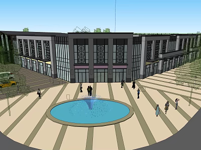 Modern Commercial Street Featuring Glass Facades Circular Fountain Plaza And Pedestrians 3d model