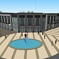 Modern Commercial Street Featuring Glass Facades Circular Fountain Plaza And Pedestrians