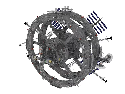 Cartoon Sci Fi Space Station Scene With Circular Structure Solar Panels And Mechanical Details 3d model