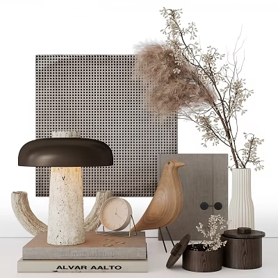 Modern Decorative Ornament Set With Mushroom Lamp Wooden Bird Clock Dried Pampas And Ceramic Vase 3d model