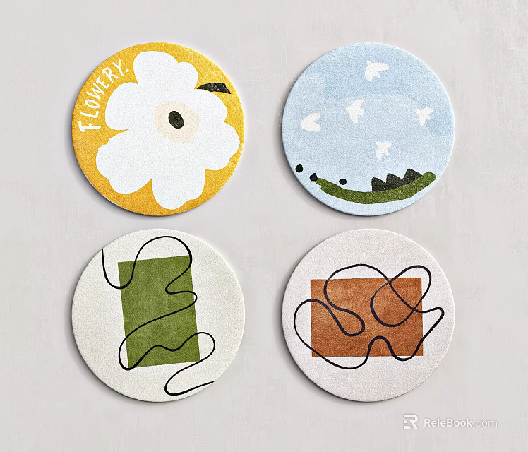 Round Rugs With Flower Cloud Hill And Geometric Patterns In Colorful Design 3d model 