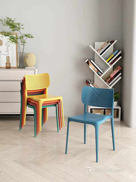 Modern Colorful Stackable Plastic Dining Chairs With Perforated Design In Home Interior 3d model