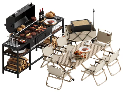 Outdoor Grill Setup With Grilled Food Dining Table And Folding Chairs 3d model