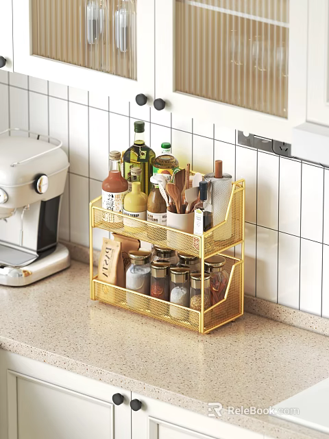 Golden Kitchen Two Tier Wire Shelf With Spices Olive Oil And Wooden Spoons On Countertop 3d model 