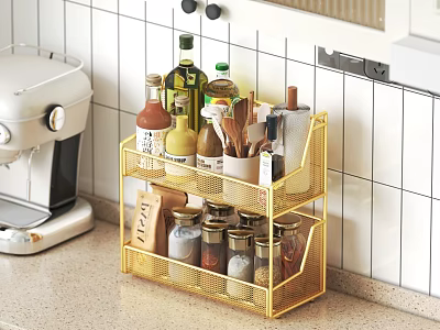 Golden Kitchen Two Tier Wire Shelf With Spices Olive Oil And Wooden Spoons On Countertop 3d model