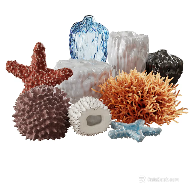 Vibrant Coral And Starfish Shaped Decorative Ornament Set For Home Decor 3d model 