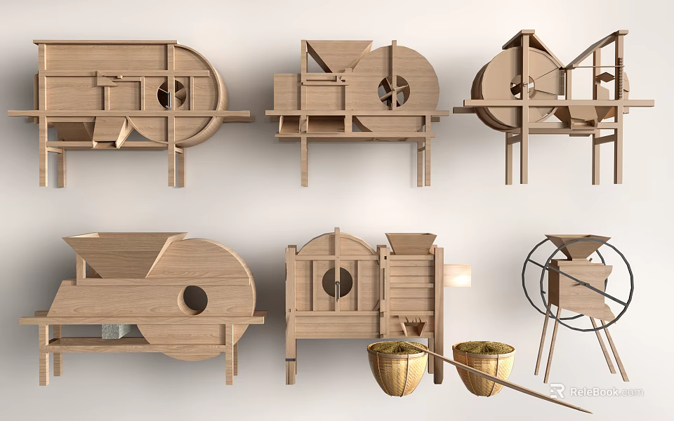 Vintage Handcrafted Wooden Traditional Grain Processing Tools With Structures And Woven Baskets 3d model
