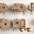 Vintage Handcrafted Wooden Traditional Grain Processing Tools With Structures And Woven Baskets 3d model