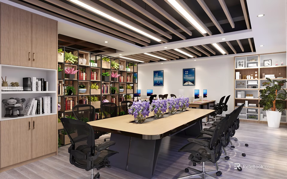 Modern Public Office Space Featuring Long Table Purple Flowers Black Office Chairs Bookshelves Green Plants 3d model 