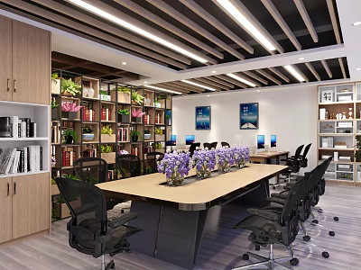Modern Public Office Space Featuring Long Table Purple Flowers Black Office Chairs Bookshelves Green Plants 3d model