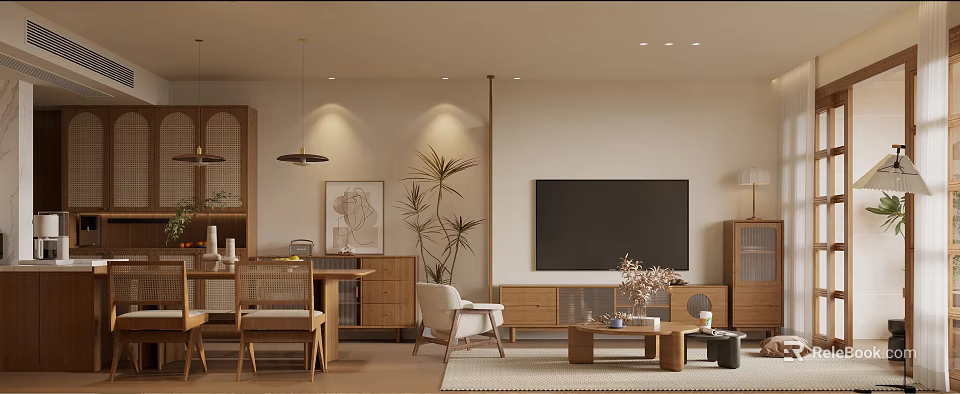 Modern Natural Living And Dining Room Interior With Wooden Furniture Potted Plant And Decorative Painting 3d model 