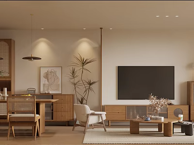 Modern Natural Living And Dining Room Interior With Wooden Furniture Potted Plant And Decorative Painting 3d model