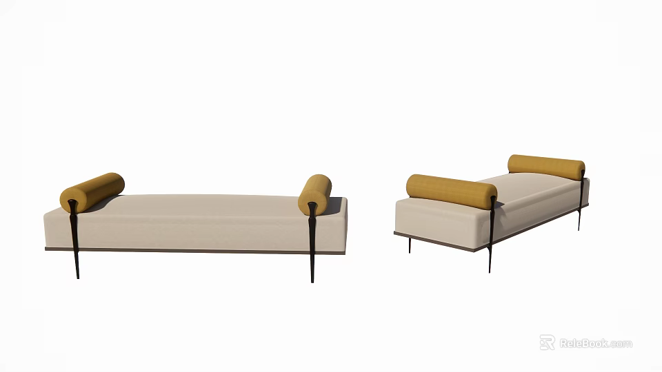 Modern Footstool With Beige Upholstery Yellow Cushions And Black Metal Legs 3d model 