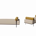 Modern Footstool With Beige Upholstery Yellow Cushions And Black Metal Legs
