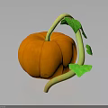 Fresh Orange Pumpkin with Green Vine and Leaves on Dark Background