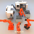 Industrial Equipment With Robotic Arms And Material Blocks In Production Line