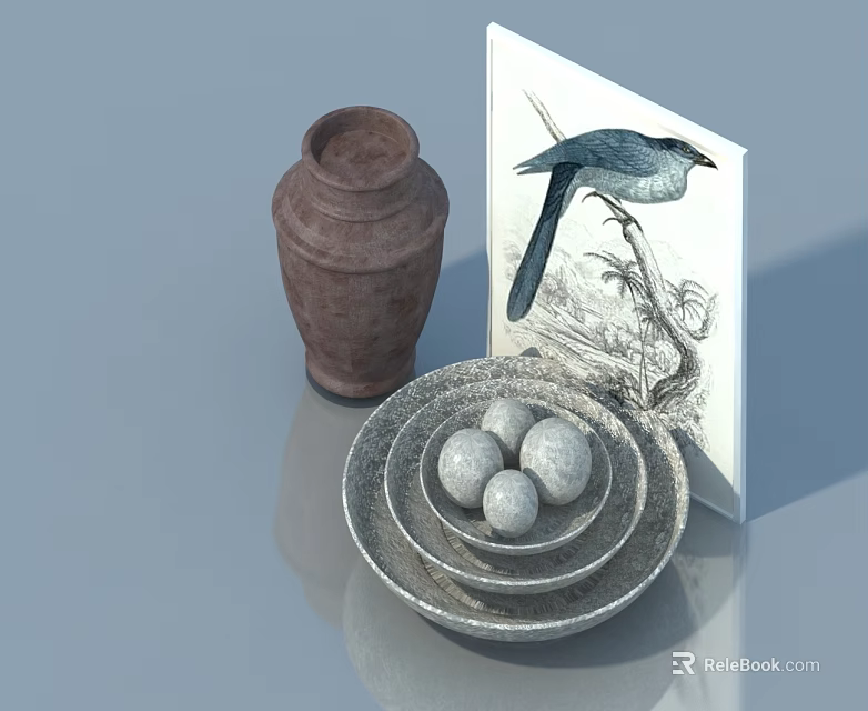 Elegant Pet Cabinet With Clay Pot Bird Painting Stacked Plates And Balls 3d model 