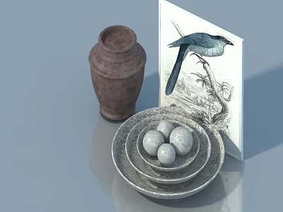 Elegant Pet Cabinet With Clay Pot Bird Painting Stacked Plates And Balls 3d model
