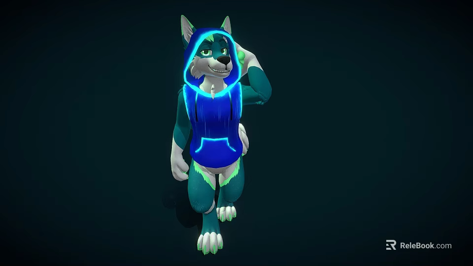 Anthropomorphic Wolf Game And Movie Character In Blue Glowing Hoodie With Green Fur 3d model 