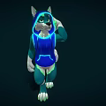 Anthropomorphic Wolf Game And Movie Character In Blue Glowing Hoodie With Green Fur