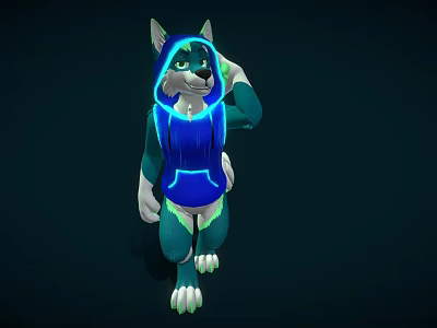 Anthropomorphic Wolf Game And Movie Character In Blue Glowing Hoodie With Green Fur 3d model