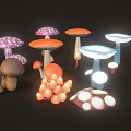 Vibrant Multicolored Mushrooms with Various Shapes and Colors on Dark Background