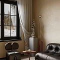 Living Room Decor With Transparent Three Tier Spherical Vase Red Tulip Reed Diffuser White Balls