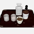 Vodka Bottle And Clear Glasses On Dark Wooden Tray With Coffee Beans And Bowl