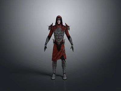 Man in Red Hooded Robe with Ornate Shoulder Armor and Detailed Fantasy Outfit 3d model