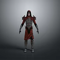 Man in Red Hooded Robe with Ornate Shoulder Armor and Detailed Fantasy Outfit