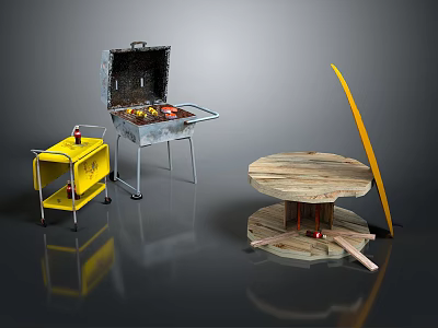 Outdoor Grilling Setup With Portable Grill Yellow Cart Wooden Round Table And Surfboard 3d model