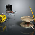 Outdoor Grilling Setup With Portable Grill Yellow Cart Wooden Round Table And Surfboard