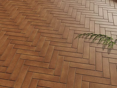 Brown Floor Tiles In Herringbone Pattern With Small Green Plant Accent 3d model