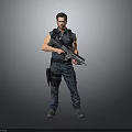 Male Character In Blue Sleeveless Outfit Holding Large Gun With Gray Background