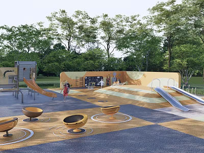 Children's Play Area With Slides Yellow Circular Seats Colorful Tiled Floor And Trees For Kids 3d model