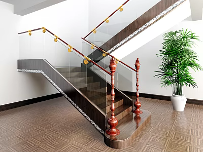 Elegant Staircase With Red Wooden Handrails Glass Balustrades Green Plant And Wooden Flooring 3d model
