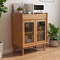 Modern Wooden Sideboard With Glass Doors Holding Tableware And Microwave On Top
