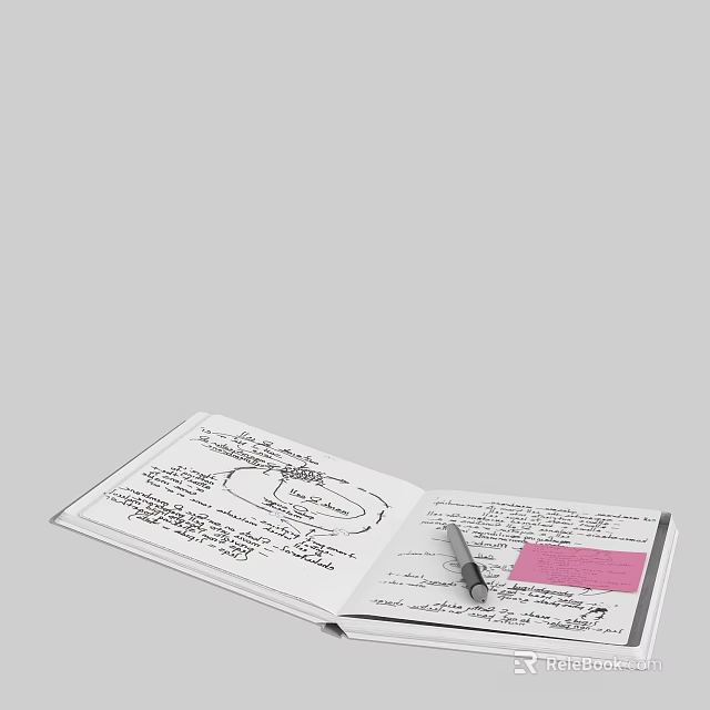Open Notebook With Handwritten Notes Sketches Pen And Pink Sticky Note 3d model